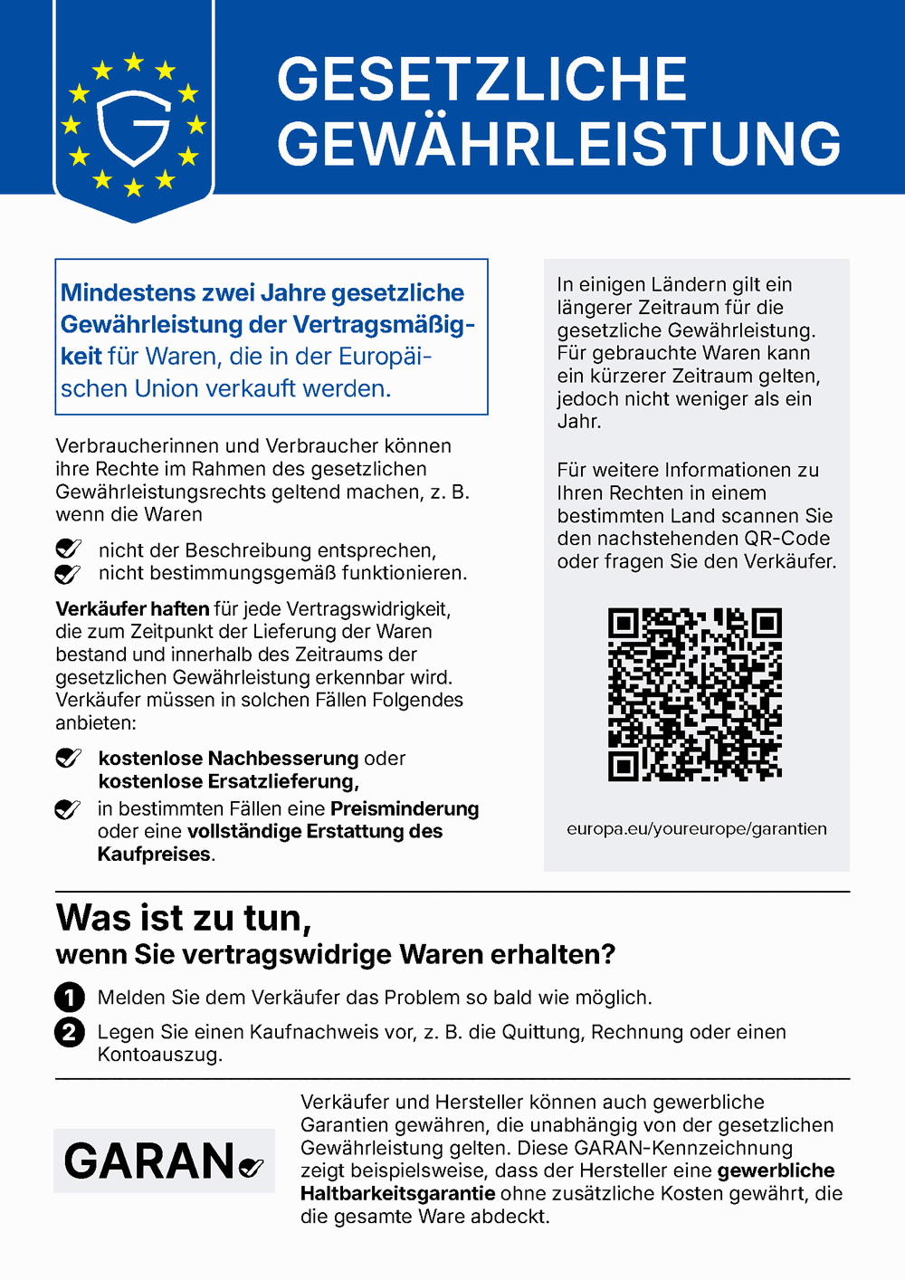 Harmonised EU notice on the statutory warranty: at least two years of statutory warranty for goods sold in the European Union